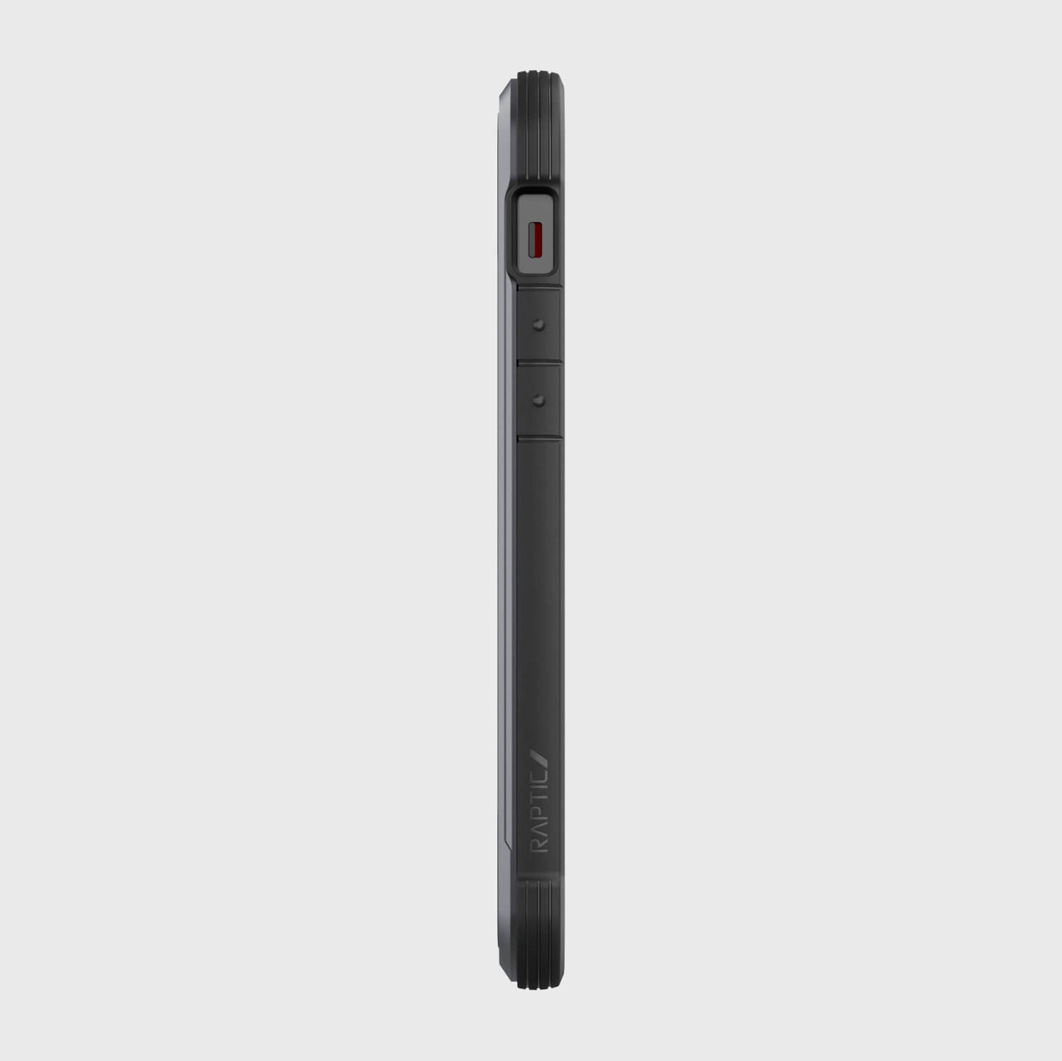 The back view of an iPhone 12 Pro Max with a Raptic SHIELD case on a white background.