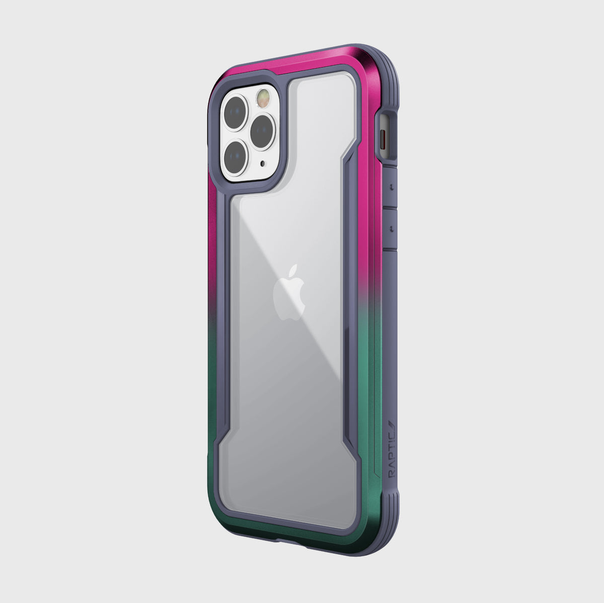 The back view of a Raptic Shield case in pink and green, providing 13' foot drop protection for the iPhone 12 Pro Max.