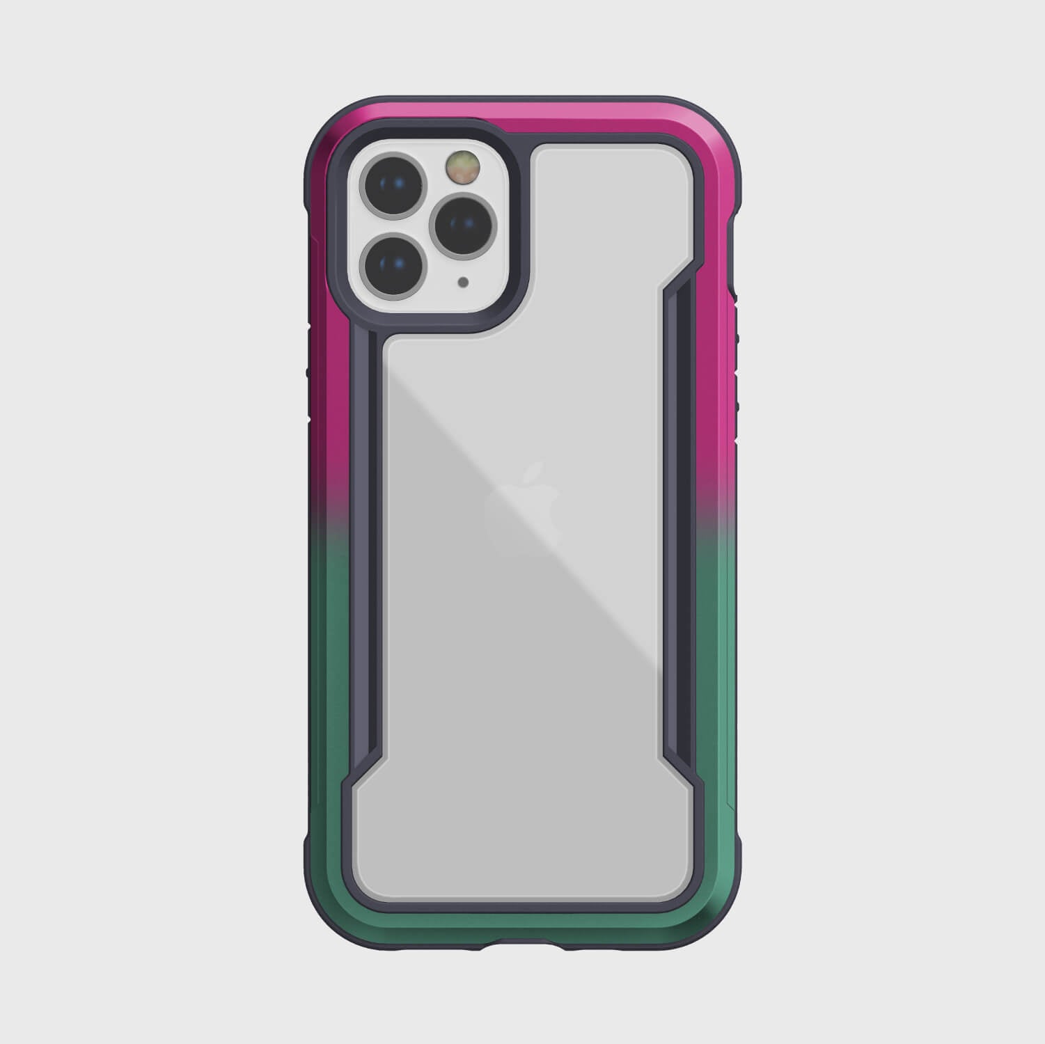 A pink and green Raptic SHIELD case for the iPhone 12 Pro, providing protection.