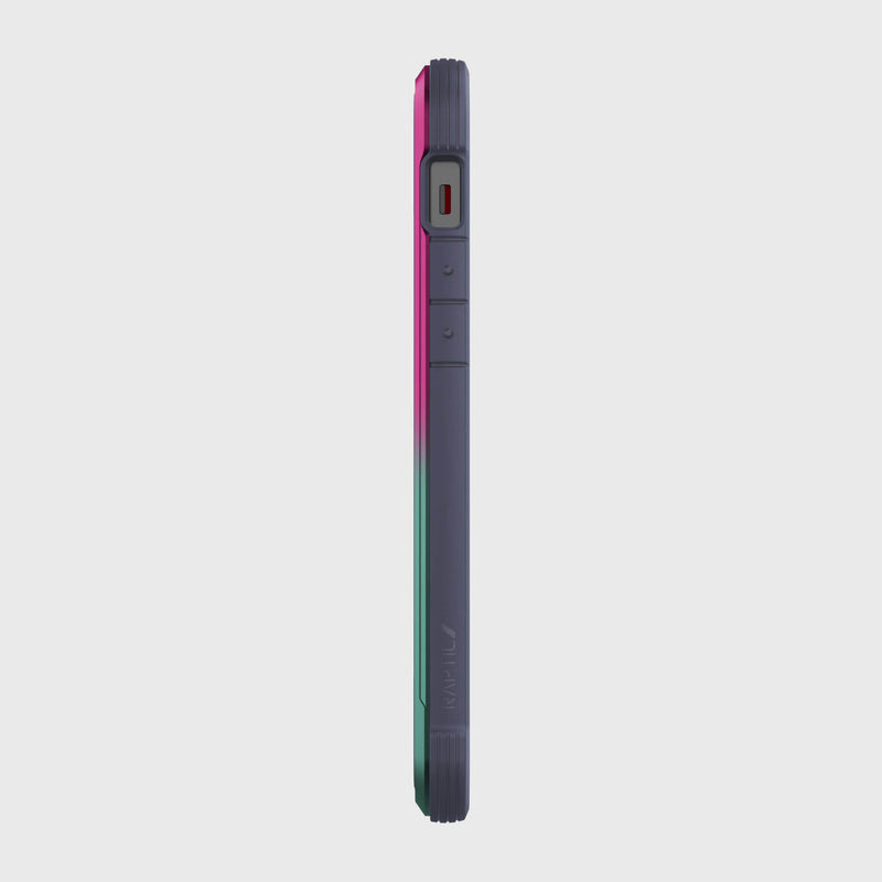 The back of a Raptic iPhone 12 & iPhone 12 Pro Case - SHIELD with a pink, green, and blue stripe offering protection.