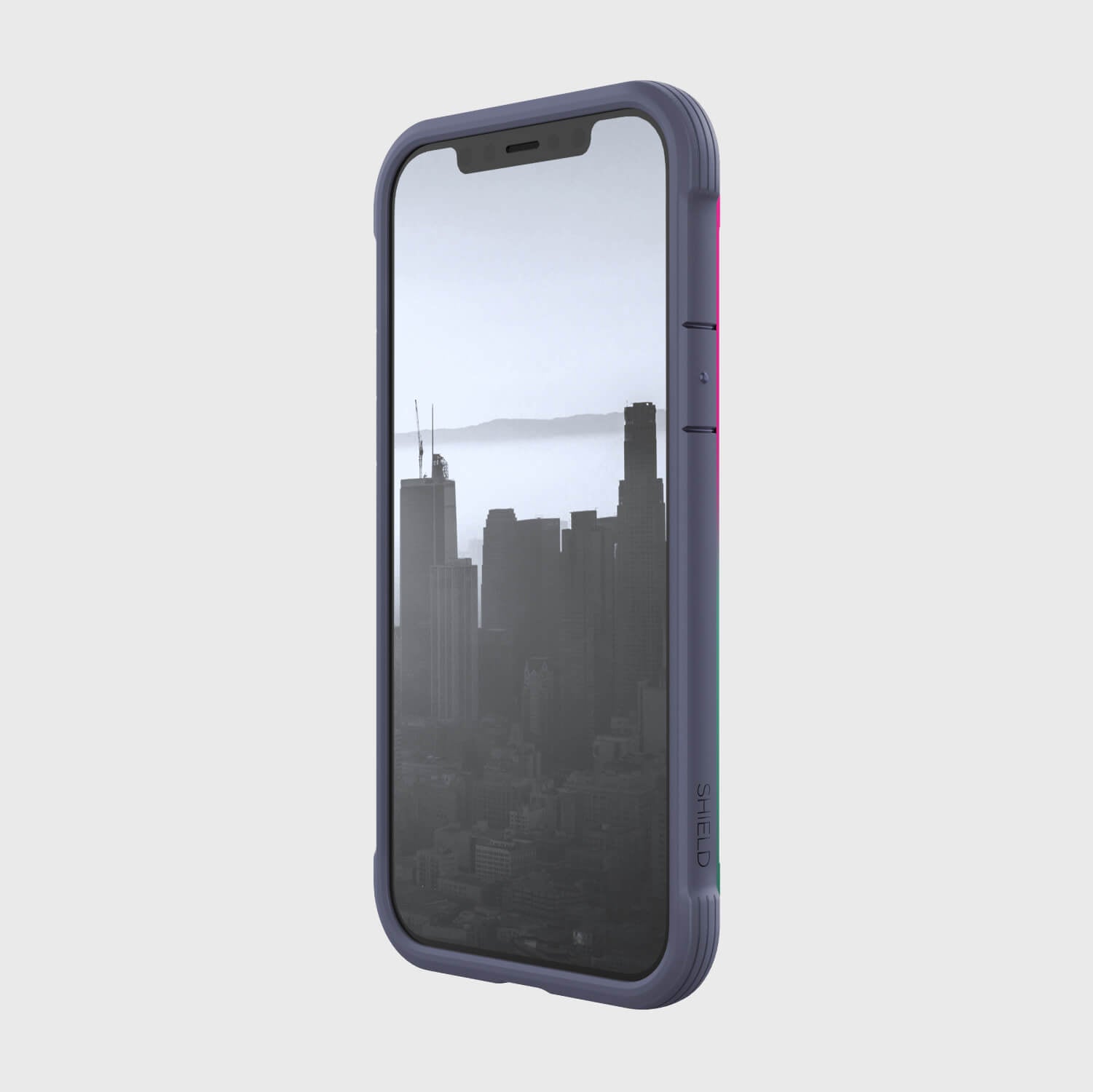 A view of a city from the back of a Raptic Shield case for iPhone 12 Pro Max Case - SHIELD, providing foot drop protection.