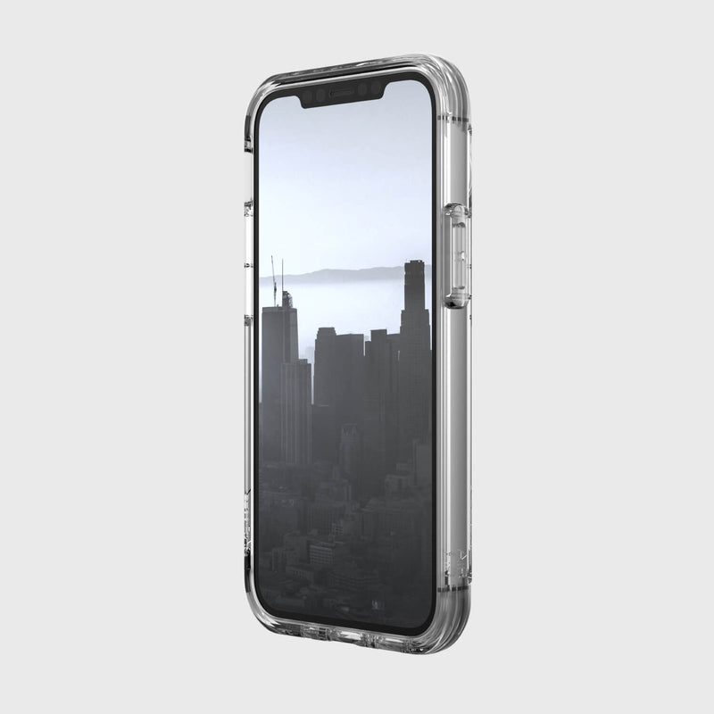 A Raptic Air iPhone 12 Mini Case with drop protection and a view of the city.