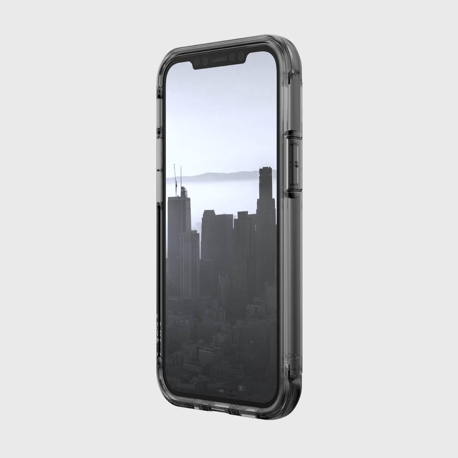 A black iPhone 12 Mini case - Air with drop protection and a view of the city.