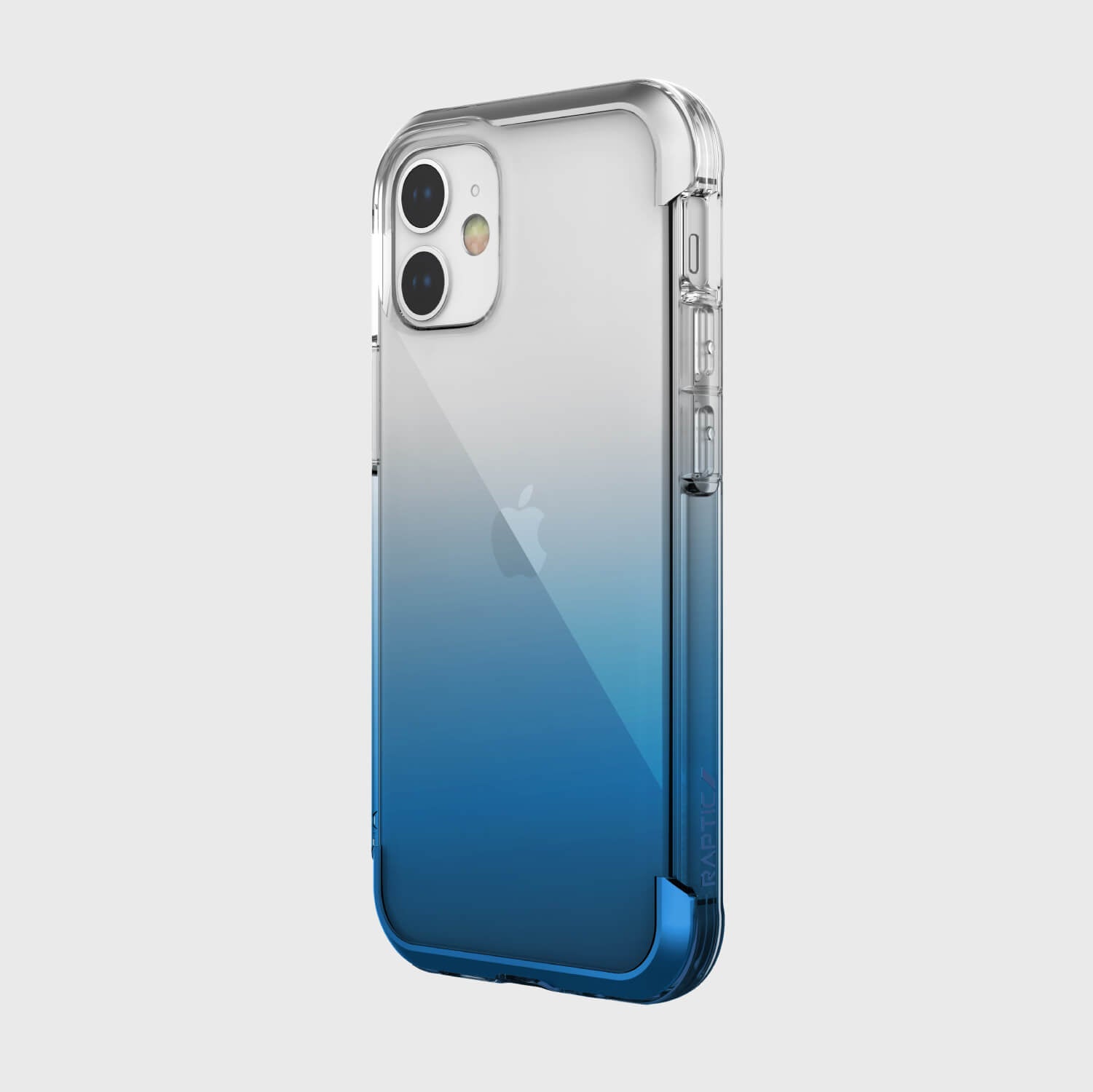 The back of an iPhone 12 Mini Case - Air by Raptic in blue and white with drop protection.