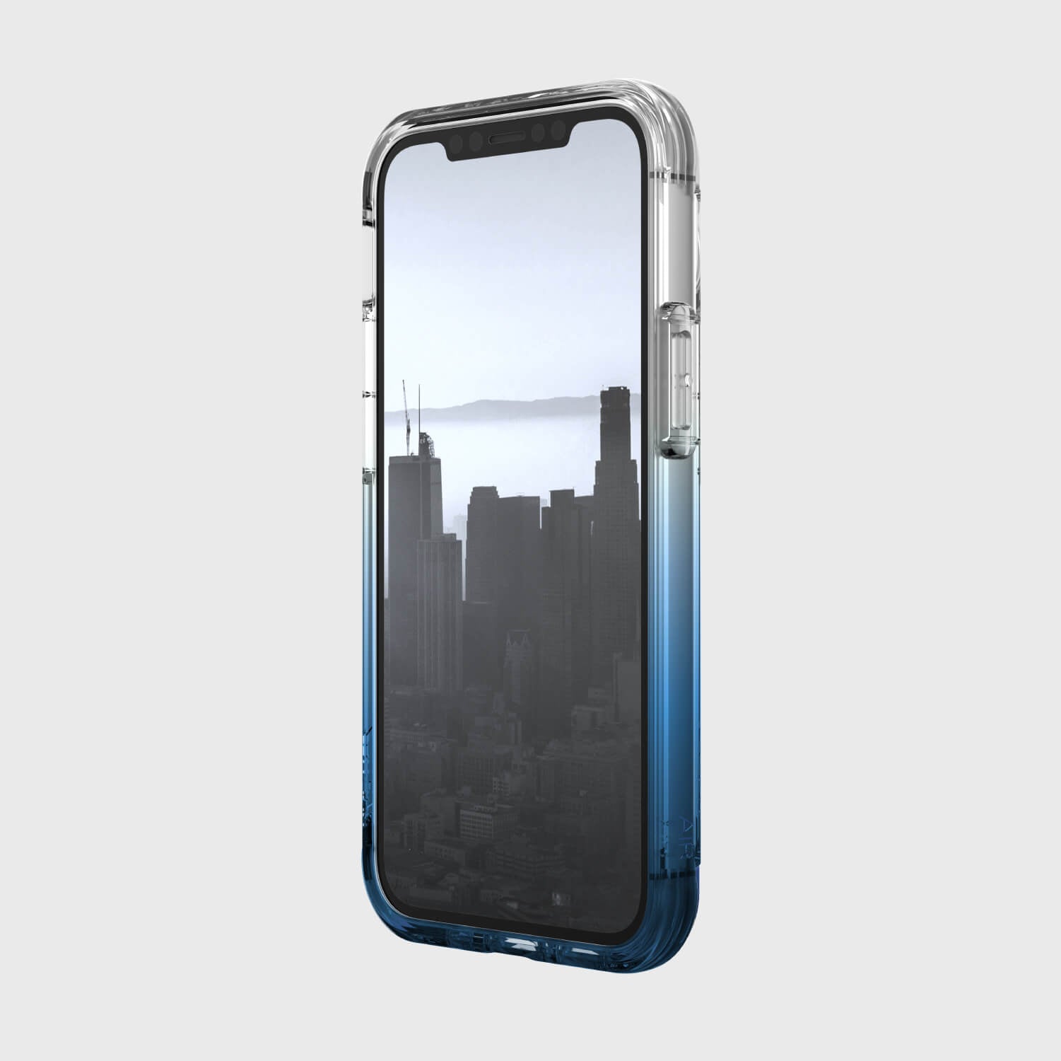 A blue iPhone 12 Mini case - Air by Raptic with drop protection and a view of the city.