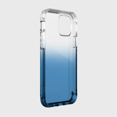 A blue Raptic Air iPhone 12 Pro Max case offers wireless charging compatibility and 4-metre drop protection on a white background.