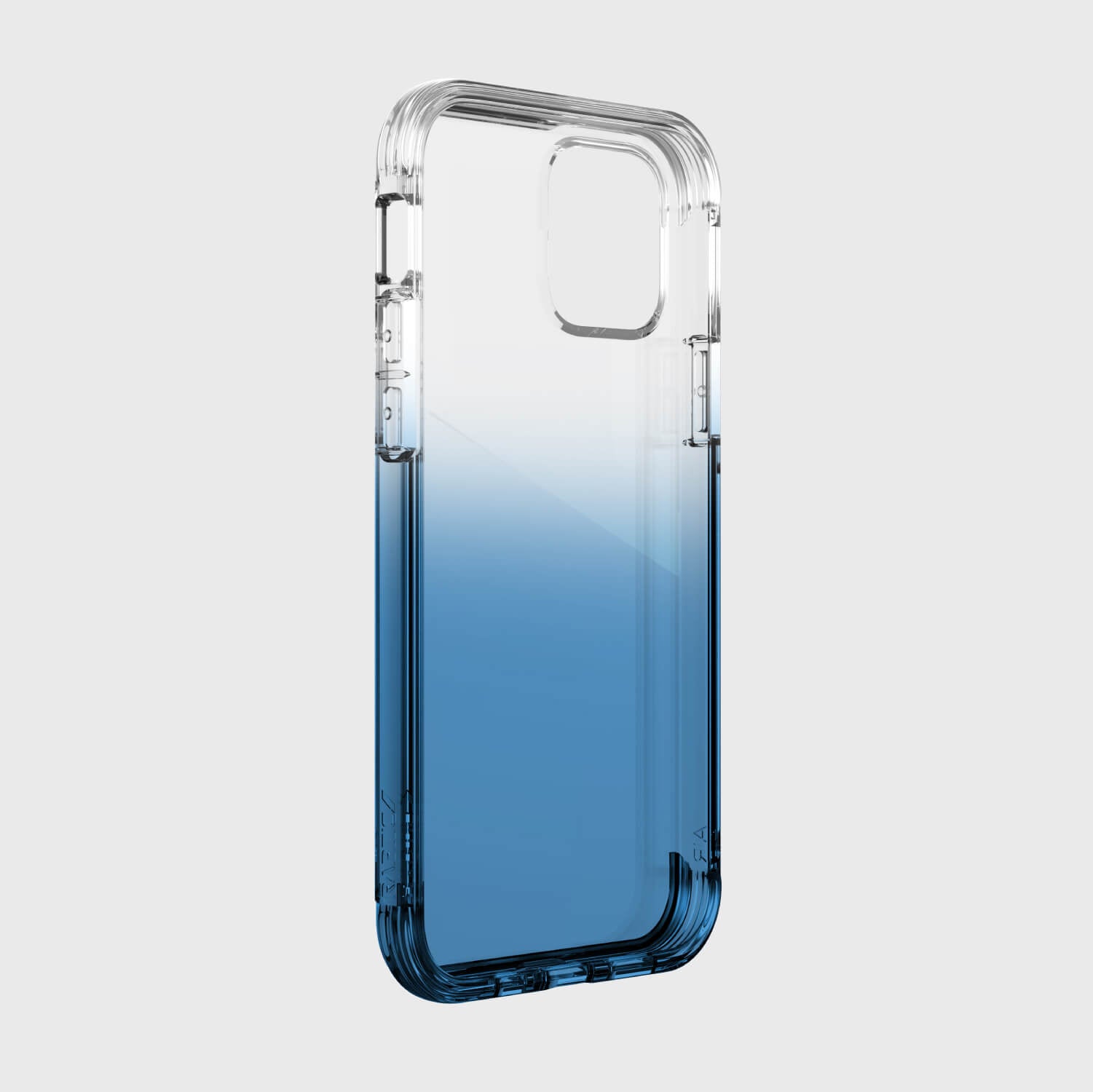 A blue Raptic Air iPhone 12 Pro Max case offers wireless charging compatibility and 4-metre drop protection on a white background.