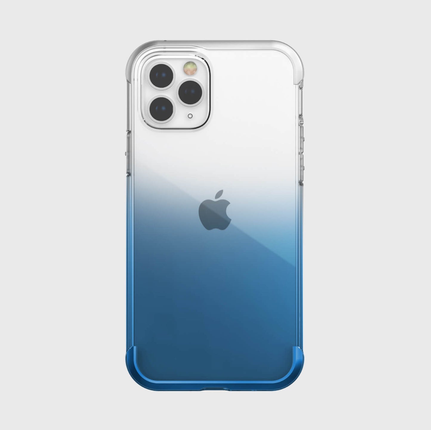 A blue and white Raptic Air iPhone 12 Pro Max case with 4-metre drop protection and wireless charging compatibility.