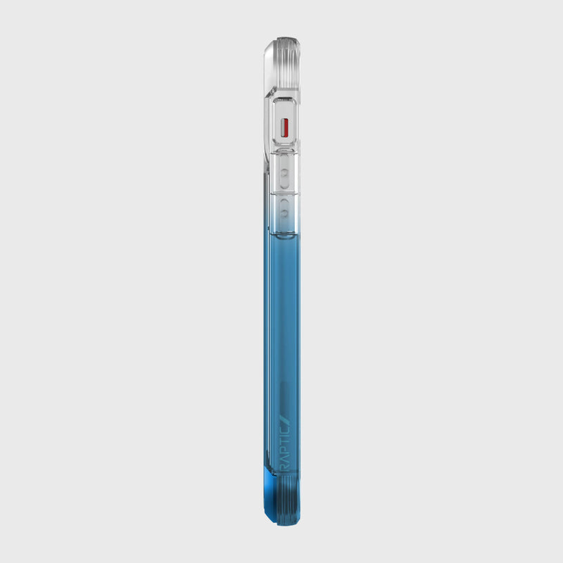 Raptic Air, an iPhone 12 Pro Max Case - AIR in blue liquid on a white background providing 4-metre drop protection and wireless charging compatibility.