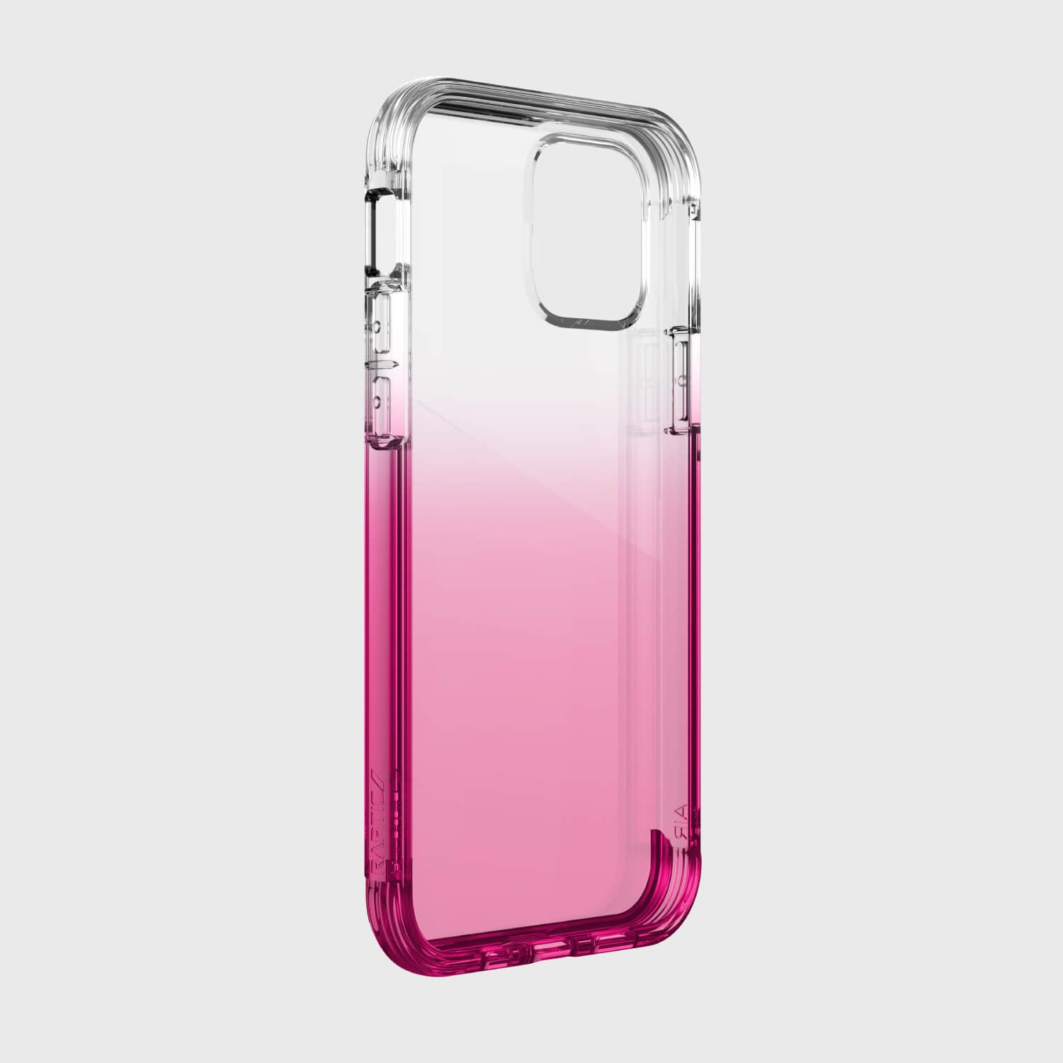 A pink and clear iPhone 12 Pro Max Case - AIR by Raptic with Wireless Charging Compatibility.