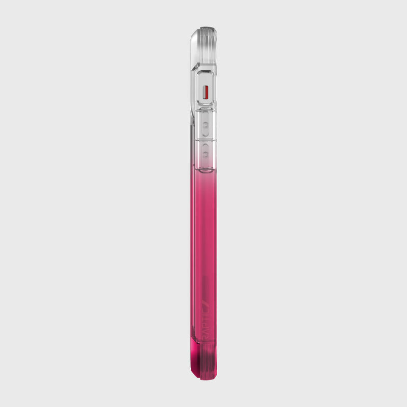 A Raptic iPhone 12 Pro Max Case - AIR, a pink liquid bottle with 4-metre drop protection and Wireless Charging Compatibility, showcased against a white background.