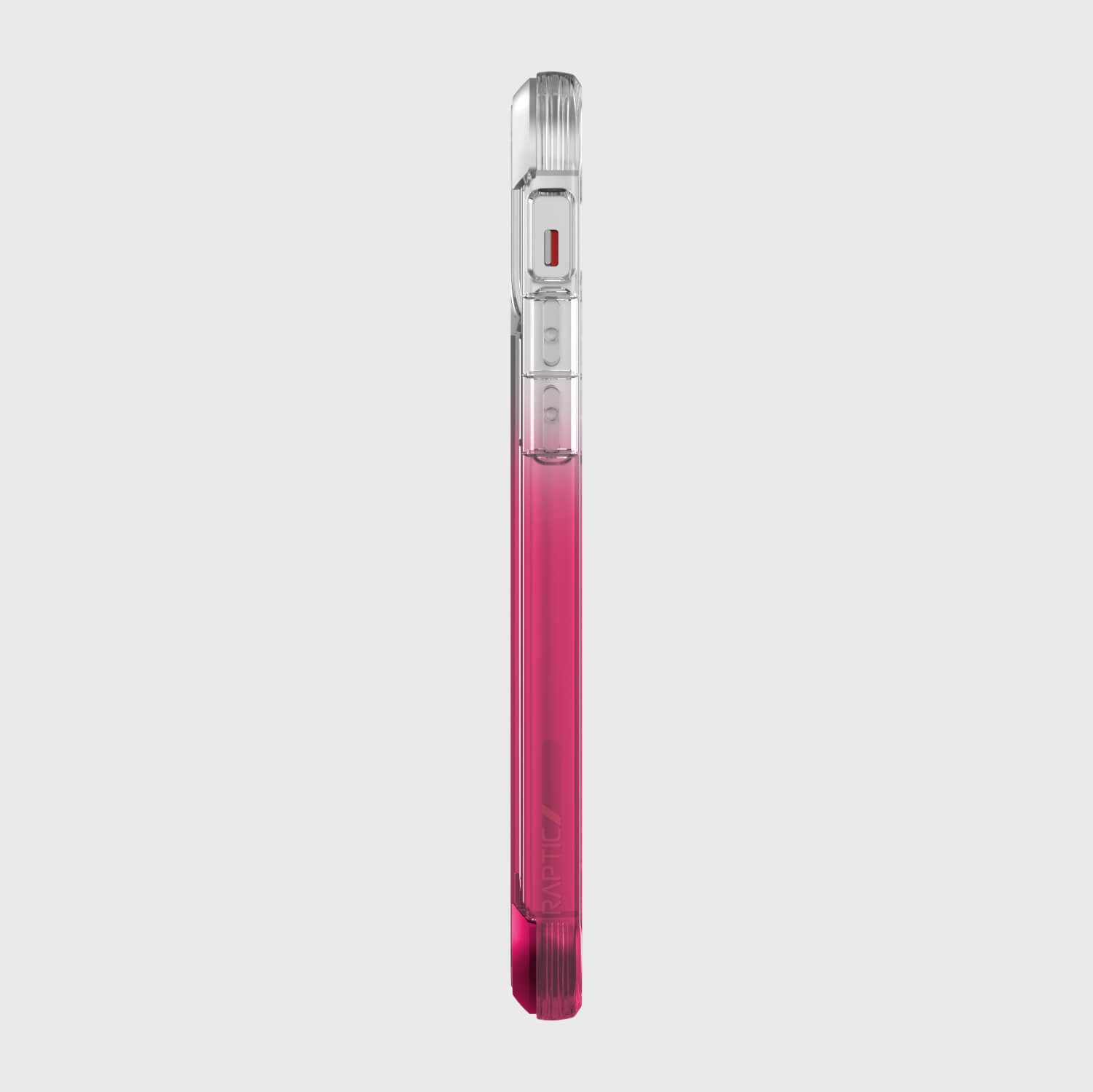 A Raptic iPhone 12 Pro Max Case - AIR, a pink liquid bottle with 4-metre drop protection and Wireless Charging Compatibility, showcased against a white background.