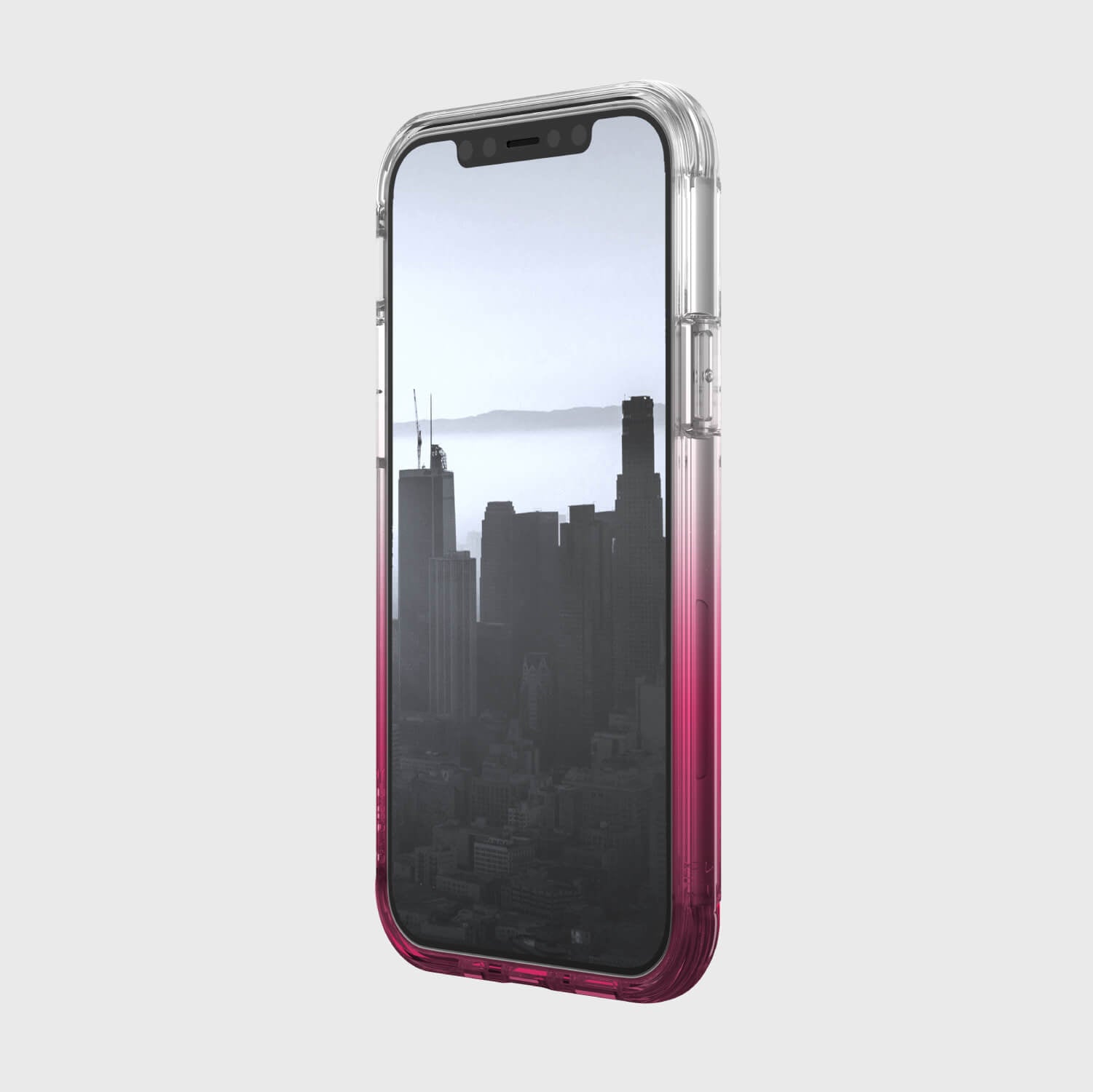 The back of a Raptic iPhone 12 & iPhone 12 Pro Case - AIR with a view of the city, featuring 13-foot drop protection.