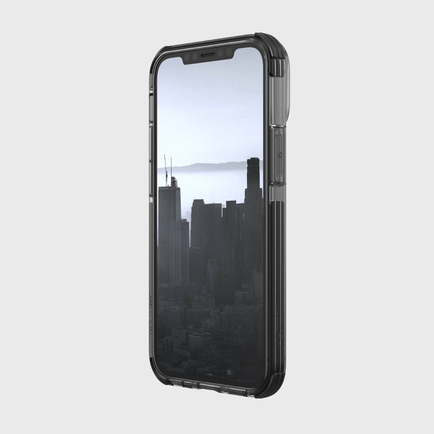 A Raptic iPhone 12 Pro Max Case - CLEAR with a view of the city.