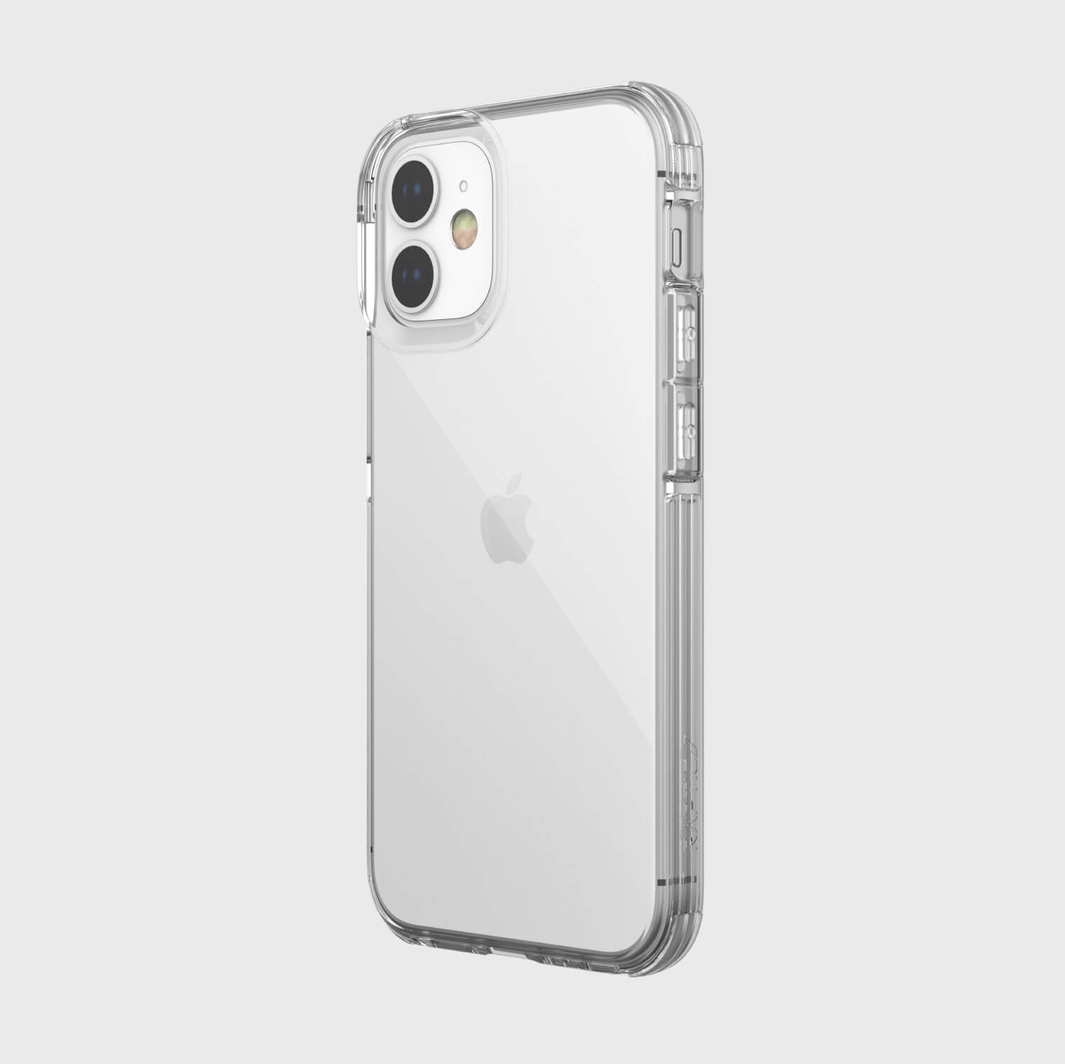 A Raptic Clear iPhone 12 Mini Case on a white background, offering 2-metre drop protection and wireless charging compatibility.