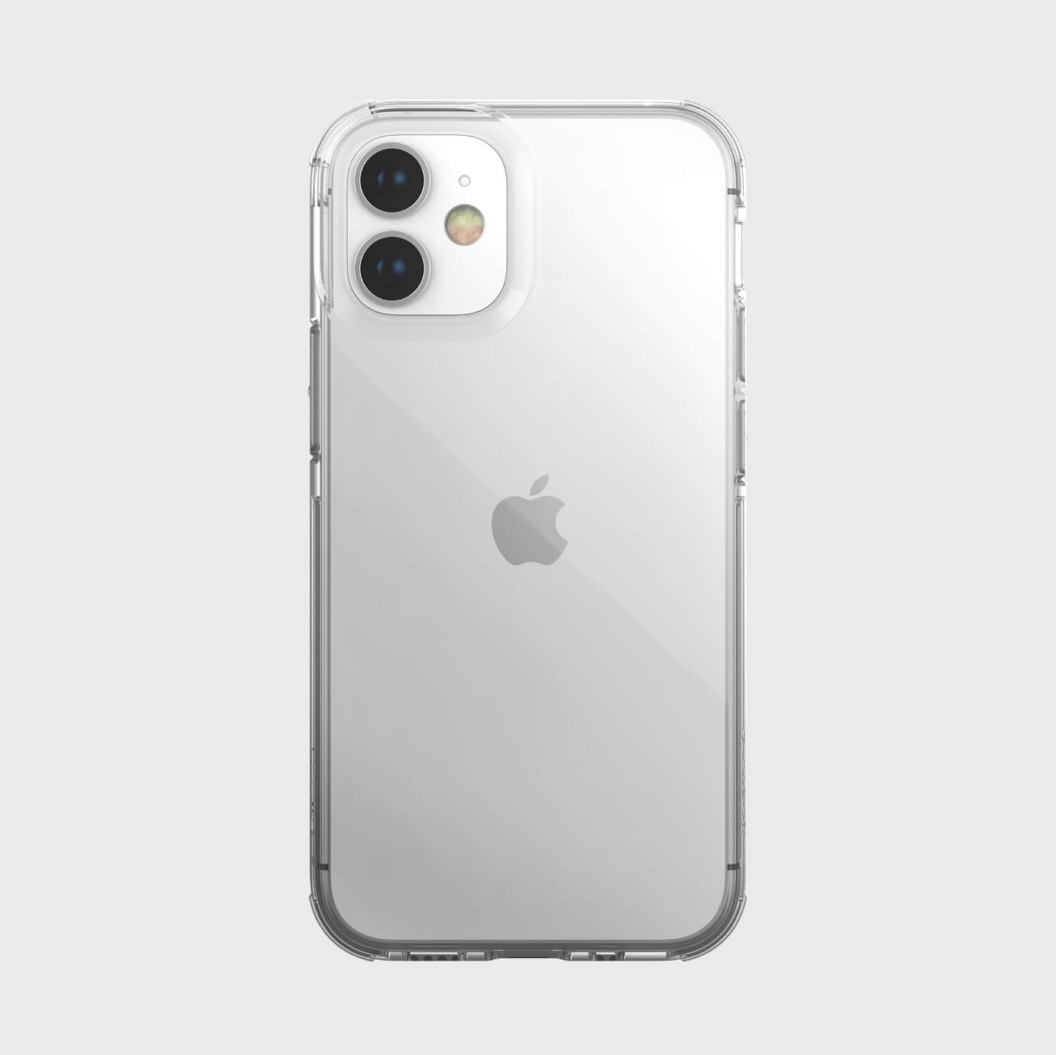 A Raptic clear iPhone 12 Mini case providing 2-metre drop protection on a white background.