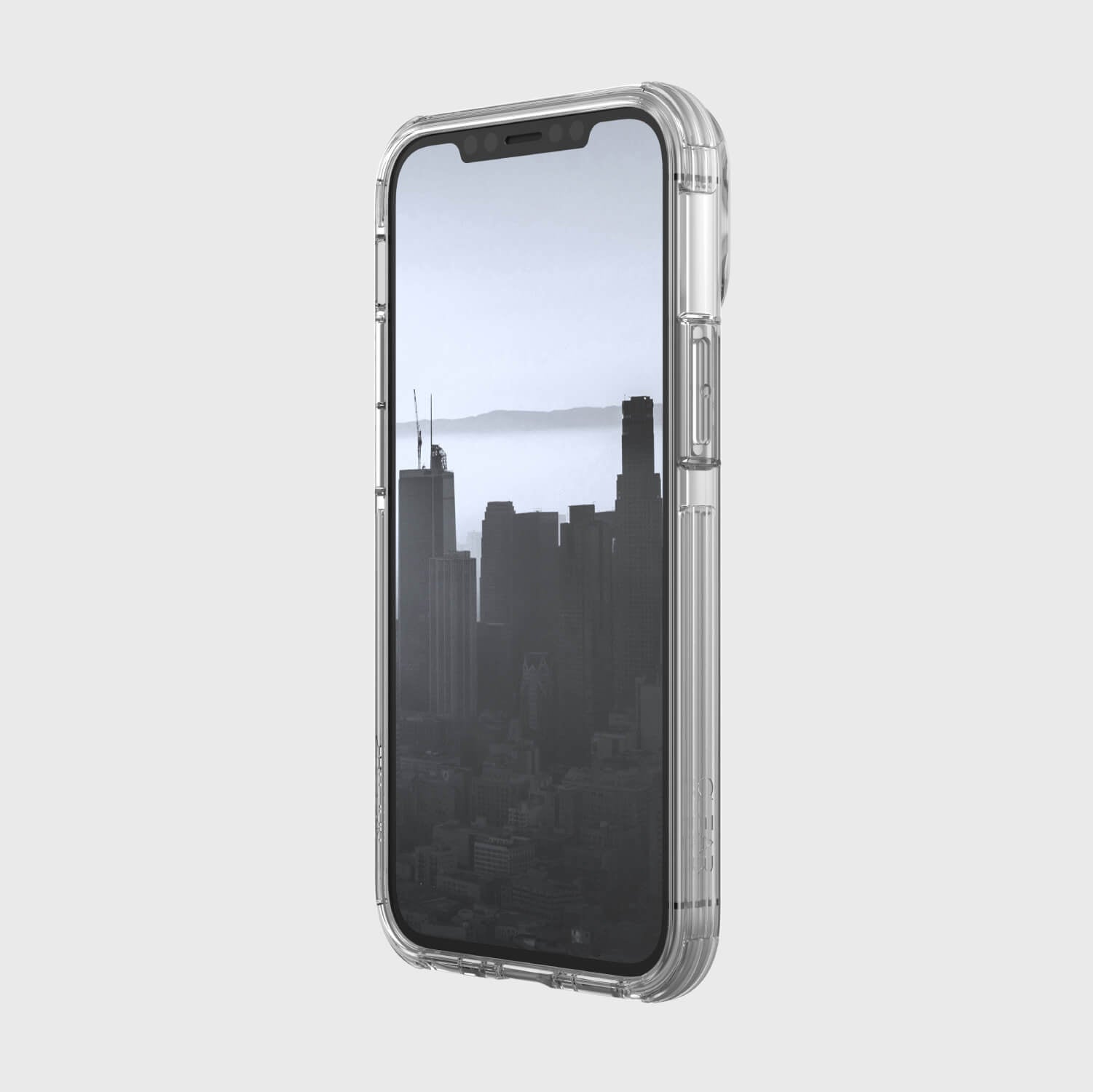 A Raptic iPhone 12 Mini Case - CLEAR with 2-metre drop protection and a view of the city.