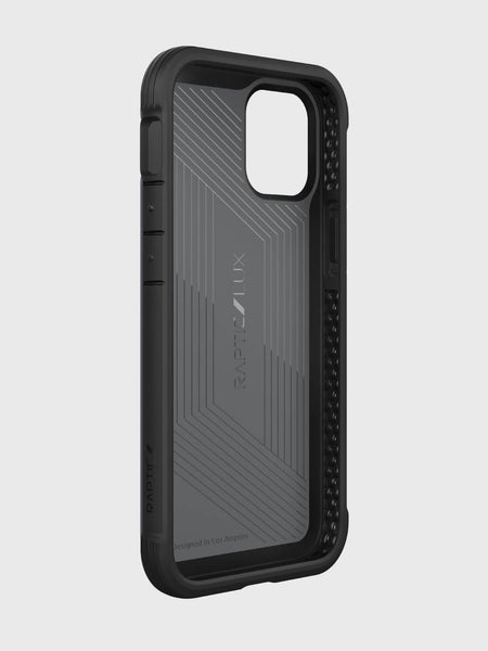 A black and gray smartphone case with geometric patterns and the brand name 