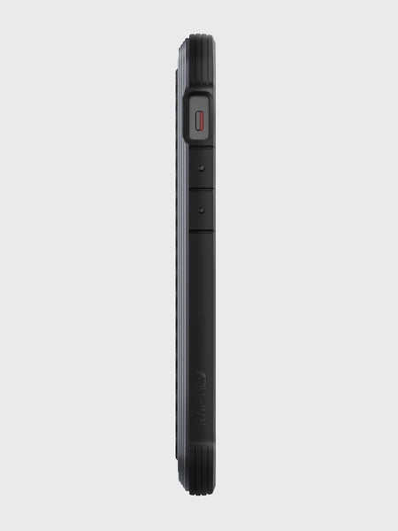 Side profile view of a black rugged iPhone 12 Pro Max Case - LUX by Raptic with textured edges, drop protection, a power button, and volume controls.