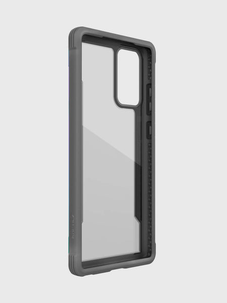 The back view of the Raptic Samsung Galaxy Note 20 Case - SHIELD Iridescent, featuring drop protection and wireless charging compatibility.