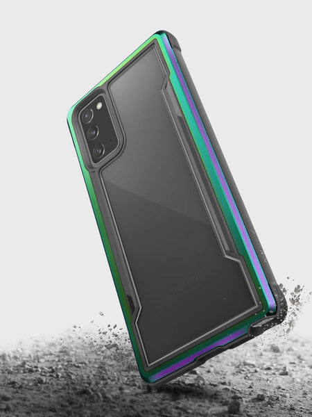 The Raptic Samsung Galaxy Note 20 Case - SHIELD Iridescent provides drop protection and is wireless charging compatible.