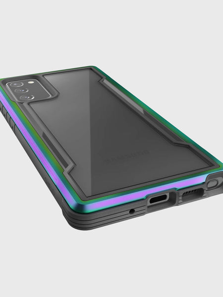 The back view of the Raptic Samsung Galaxy Note 20 Case - SHIELD Iridescent, offering drop protection and wireless charging compatibility.