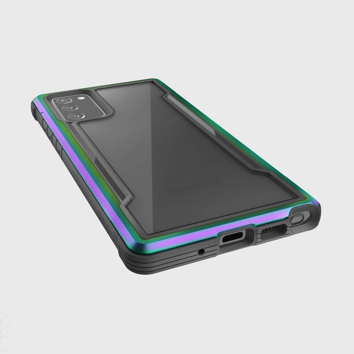 The back view of the Raptic Samsung Galaxy Note 20 Case - SHIELD Iridescent, offering drop protection and wireless charging compatibility.