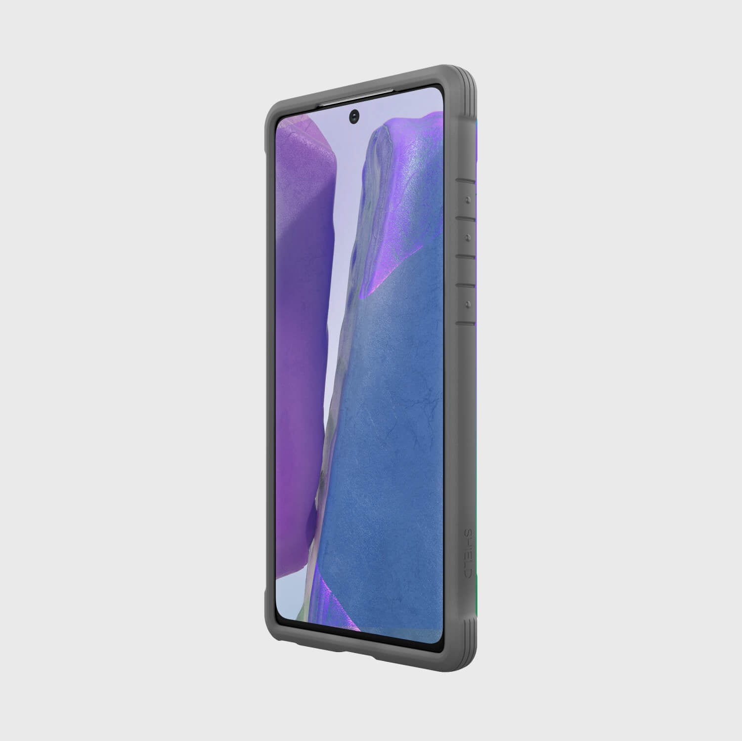 The Raptic Samsung Galaxy Note 20 Case - SHIELD Iridescent is shown in purple and blue. It offers wireless charging compatibility and features drop protection.
