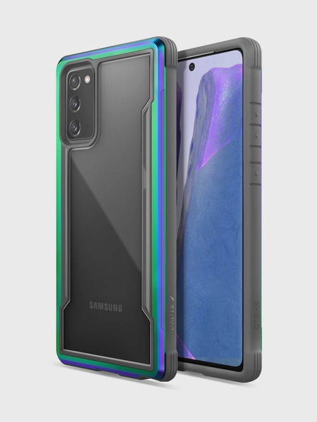 The black and green Raptic Samsung Galaxy Note 20 Case - SHIELD Iridescent offers drop protection and is wireless charging compatible.