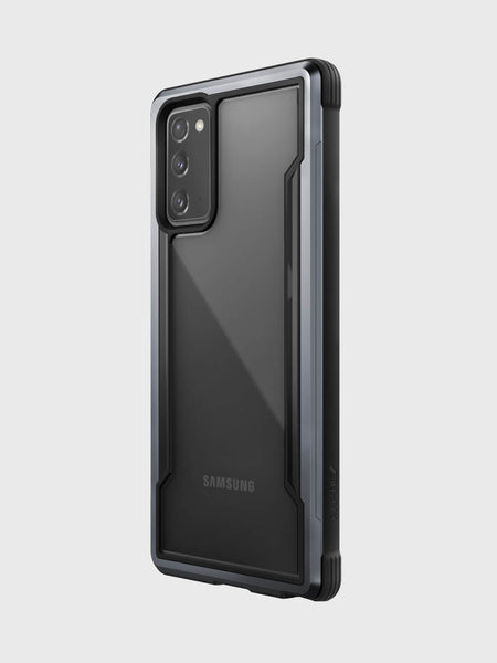 The Raptic Galaxy Note 20 Case - SHIELD Black is shown in black and offers drop protection and wireless charging compatibility.