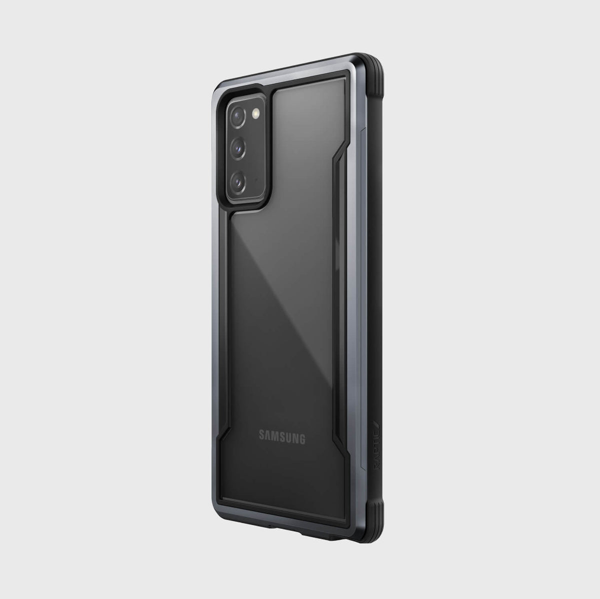 The Raptic Galaxy Note 20 Case - SHIELD Black is shown in black and offers drop protection and wireless charging compatibility.
