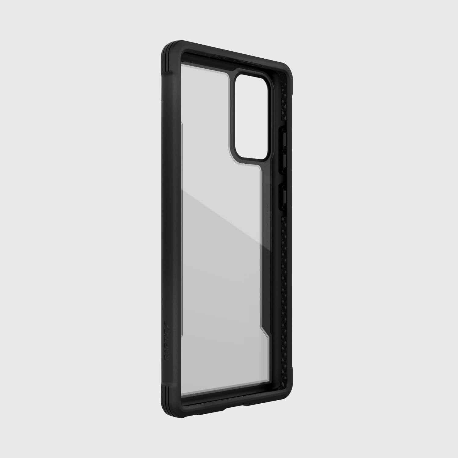 The Raptic Galaxy Note 20 Case - Shield Black is shown on a white background, featuring drop protection and wireless charging compatibility.