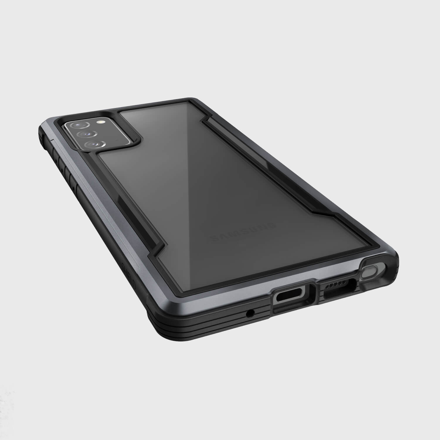 The back view of the Raptic Galaxy Note 20 Case - SHIELD Black showcases its military-grade design for ultimate drop protection. Additionally, the case offers wireless charging compatibility for added convenience.