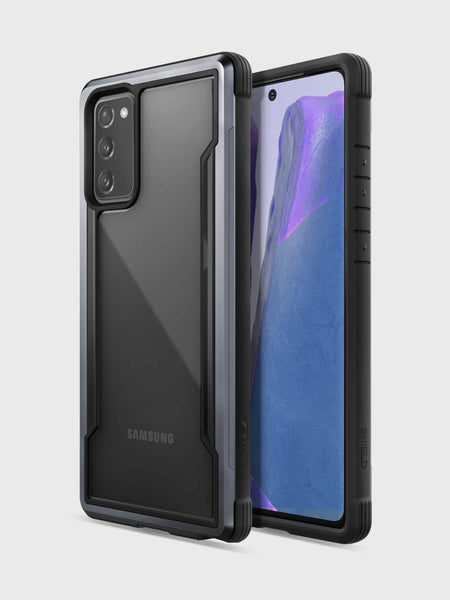 The Raptic Galaxy Note 20 Case - SHIELD Black is shown in black and offers drop protection and wireless charging compatibility.