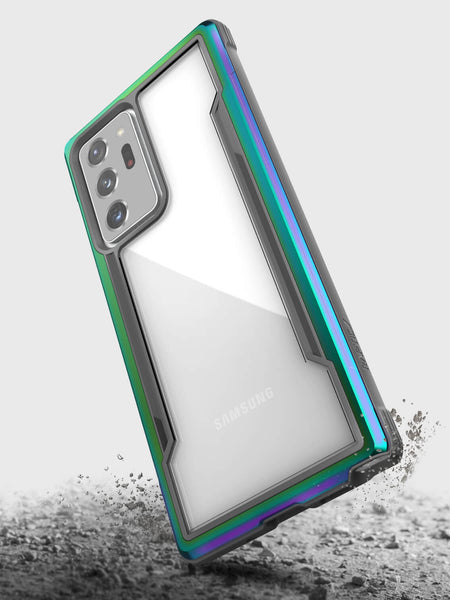 A rainbow-colored X-Doria Galaxy Note 20 Ultra Raptic Shield case with drop protection.