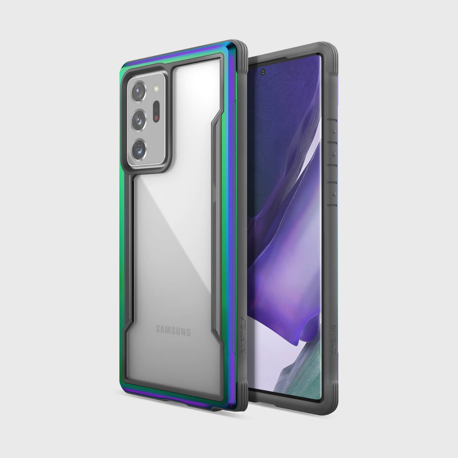 The X-Doria Galaxy Note 20 Ultra Raptic Shield case - Iridescent, known for its drop protection, is available in purple and green options.