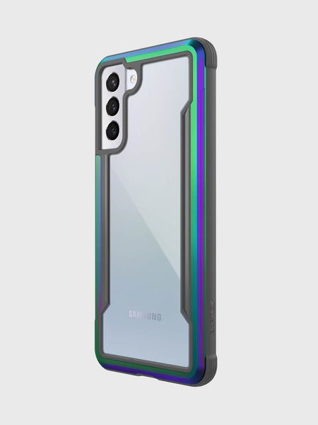 Showing a Samsung Galaxy S21 in a iridescent Raptic Shield case