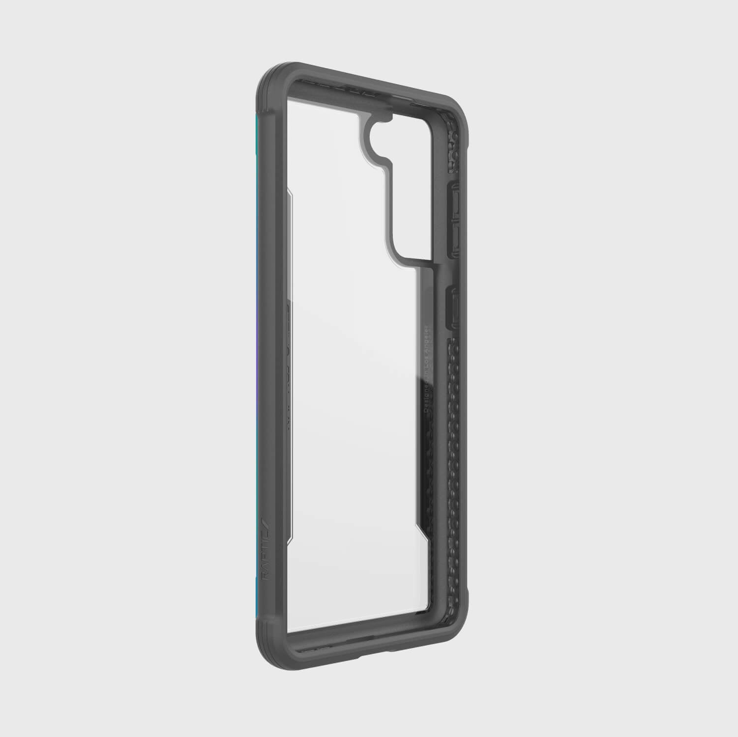 The back view of the Samsung Galaxy S21+ Case Raptic Shield Iridescent with wireless charging compatibility.
