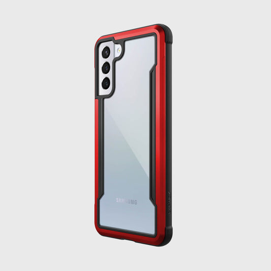 Showing an Samsung S21+ in a red Raptic Shield case