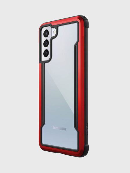 Showing a Samsung Galaxy S21 in a red Raptic Shield case
