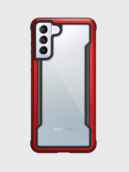 A red phone case for the Samsung Galaxy S21, providing drop protection from X-Doria called Raptic Shield Red.