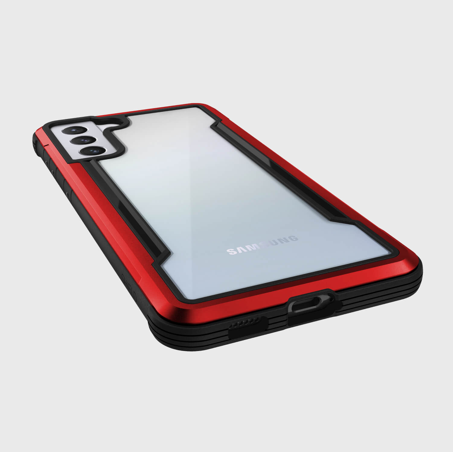 A durable red X-Doria Samsung Galaxy S21+ case with wireless charging capability.