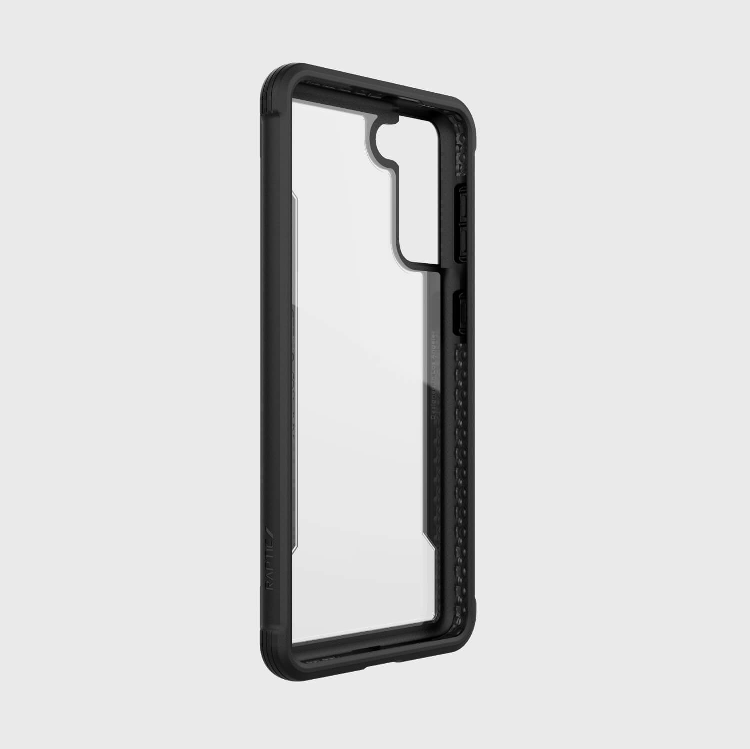 The wireless charging compatible back view of the X-Doria Samsung Galaxy S21 Case Raptic Shield Black with a lifetime warranty.