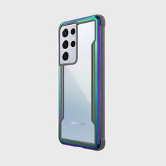 Showing an Samsung S21 Ultra in a iridescent Raptic Shield case