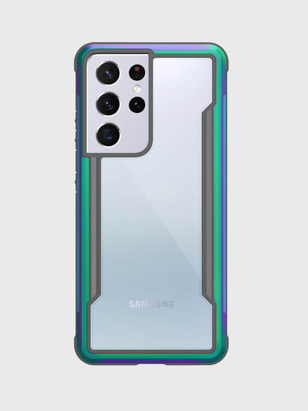 The Samsung Galaxy S21 Ultra Case Raptic Shield Iridescent by X-Doria, with a clear cover and multicolored border, offers military-grade drop protection and elegantly displays the phone's rear cameras.
