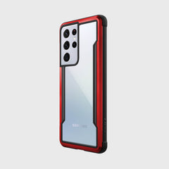 Showing an Samsung S21 Ultra in a red Raptic Shield case