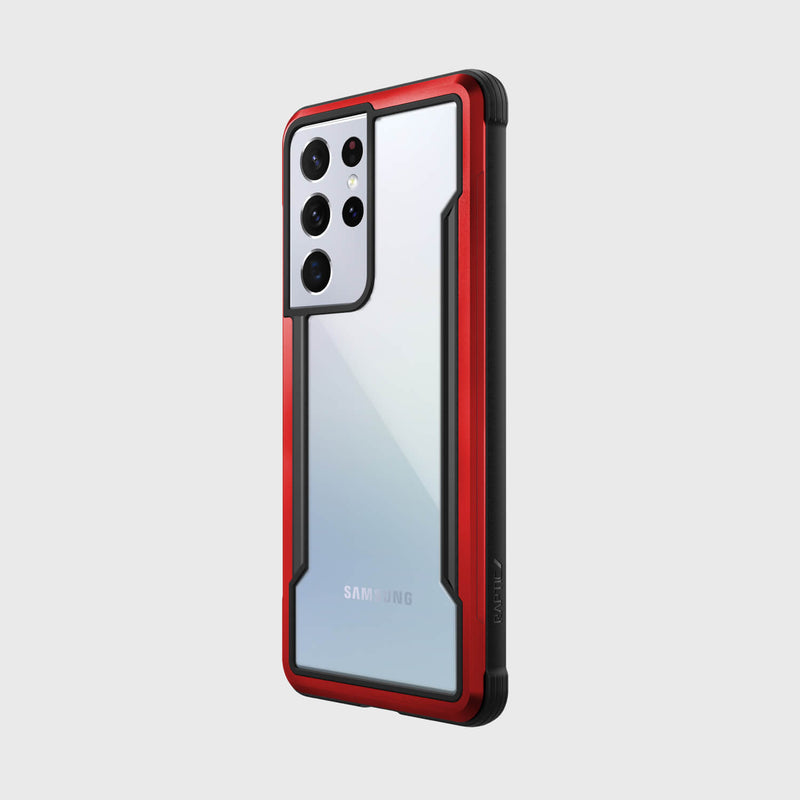Showing an Samsung S21 Ultra in a red Raptic Shield case