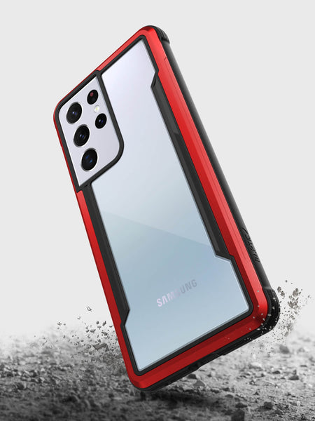 A drop-protected X-Doria Samsung Galaxy S21 Ultra Case Raptic Shield Red.