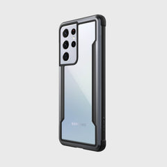 Showing an Samsung S21 Ultra in a black Raptic Shield case