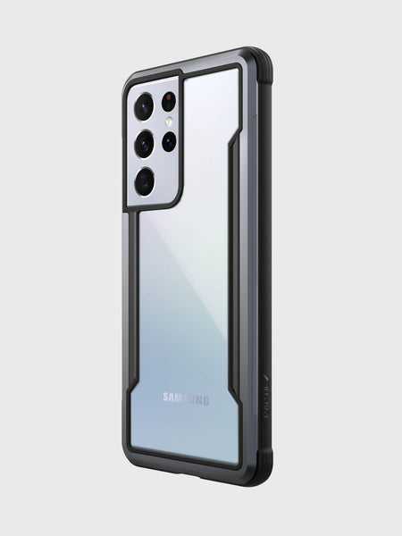 Showing an Samsung S21 Ultra in a black Raptic Shield case